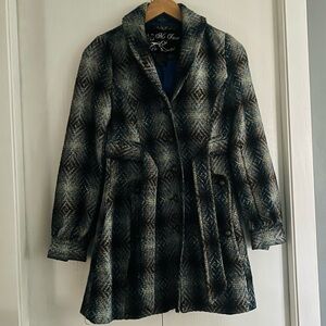 Me Jane Women's Pea Coat  - Multicolored Blue, Black, White and Brown Pattern